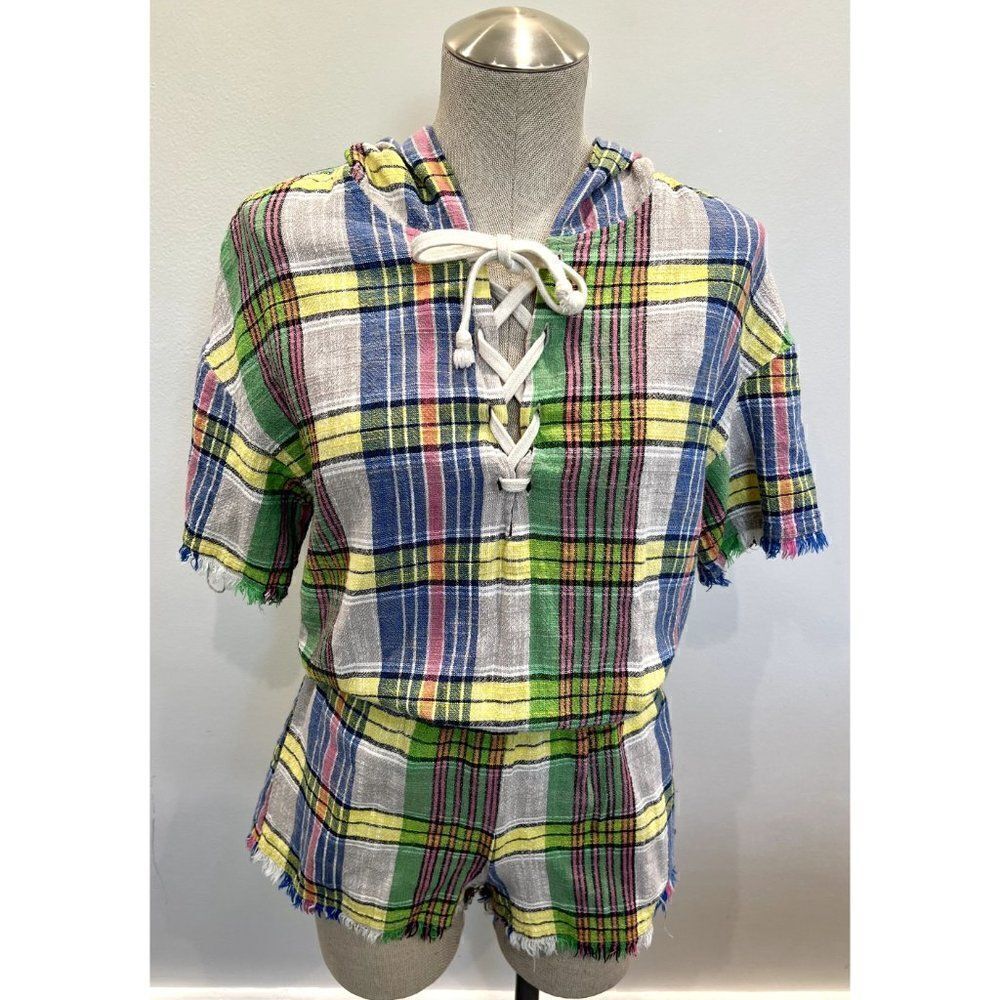 Urban Outfitters Frayed Plaid Hooded Lace-up Romper Multicolor Size S